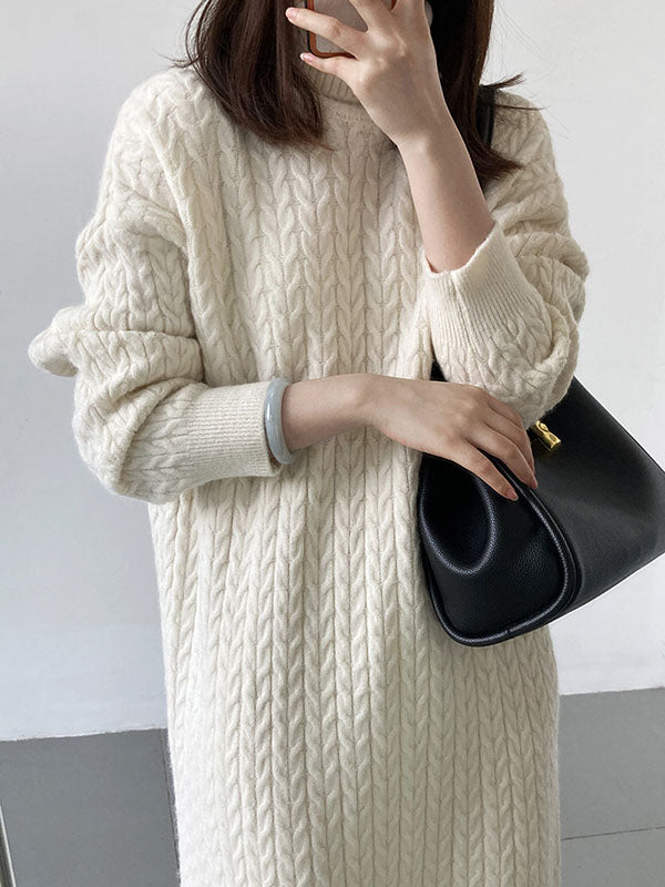 Stylish Loose Long Sleeves Solid Color High-Neck Twist Sweater Dresses