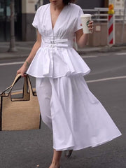 Buckle High-Waisted Solid Color Split-Joint False Two Loose Deep V-Neck Midi Dresses