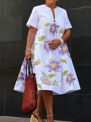 Loose Short Sleeves Flower Print V-Neck Midi Dresses
