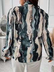 Elasticity Printed Tied Flared Sleeves Long Sleeves V-Neck T-Shirts Tops
