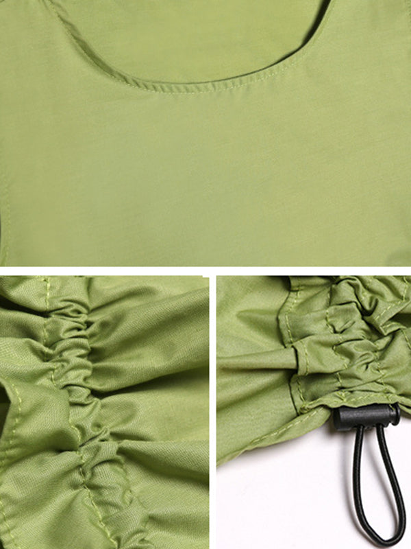 Pleated Solid Color Loose Sleeveless Round-neck Midi Dresses