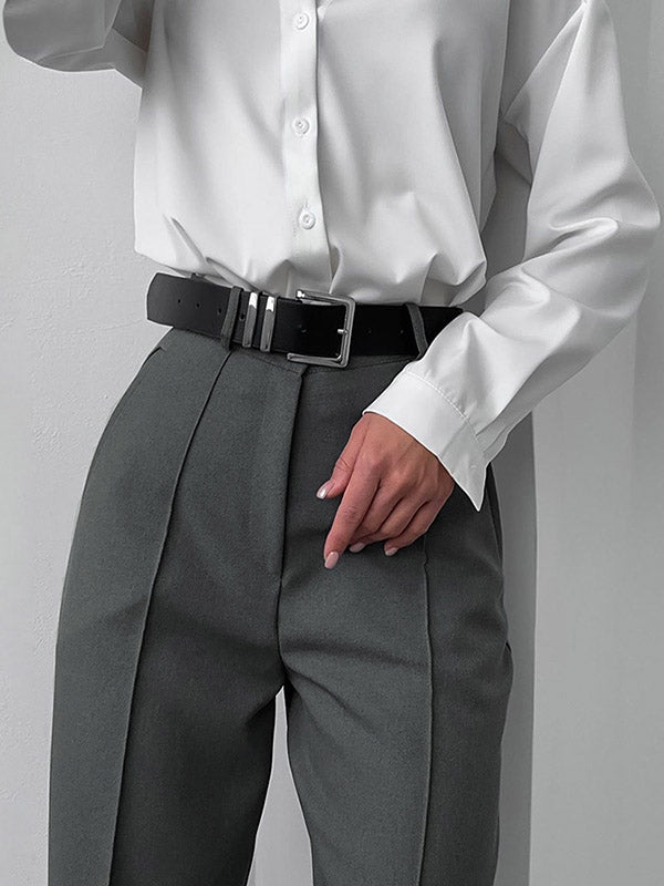 Pleated Solid Color Split-Joint High Waisted Trousers Suit Pants