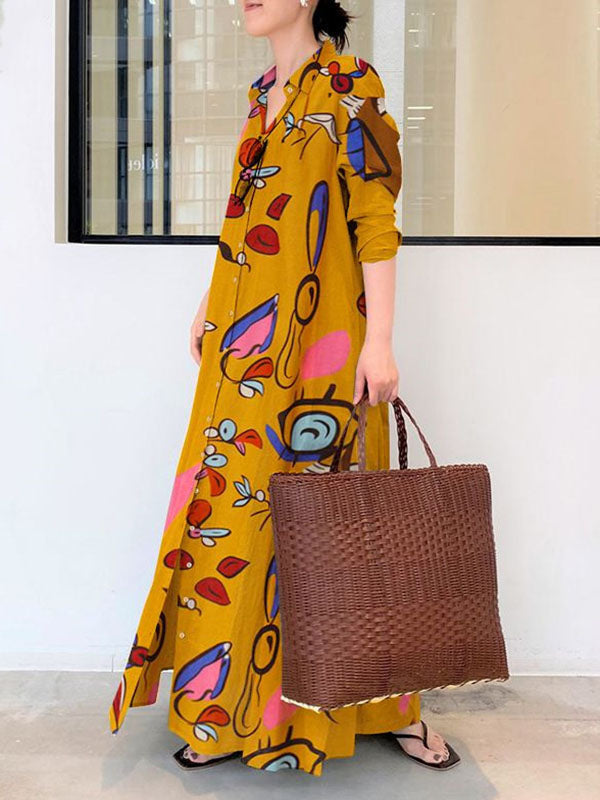 Buttoned Pockets Printed Long Sleeves Loose Lapel Shirt Dress Maxi Dresses