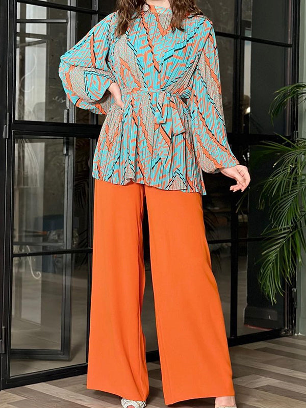 Round-Neck Bishop Sleeve Pleated Printed Tied Waist Shirts Top + High Waisted Pants Bottom Two Pieces Set