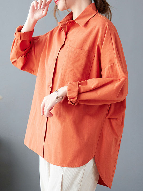 Solid Color High-low Long Sleeves Lapel Blouses&shirts Tops
