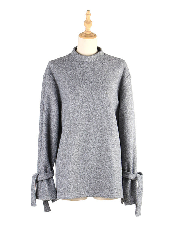 Casual Loose Long Sleeves Solid Color Stand Collar T-Shirts Tops