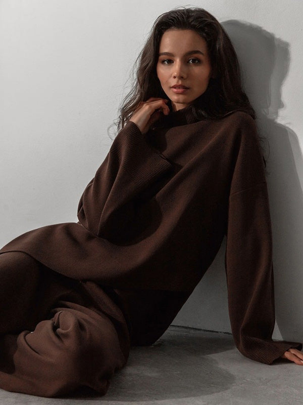 Casual Solid Color Irregularity High-Neck Sweater& Wide Leg Pants Suits