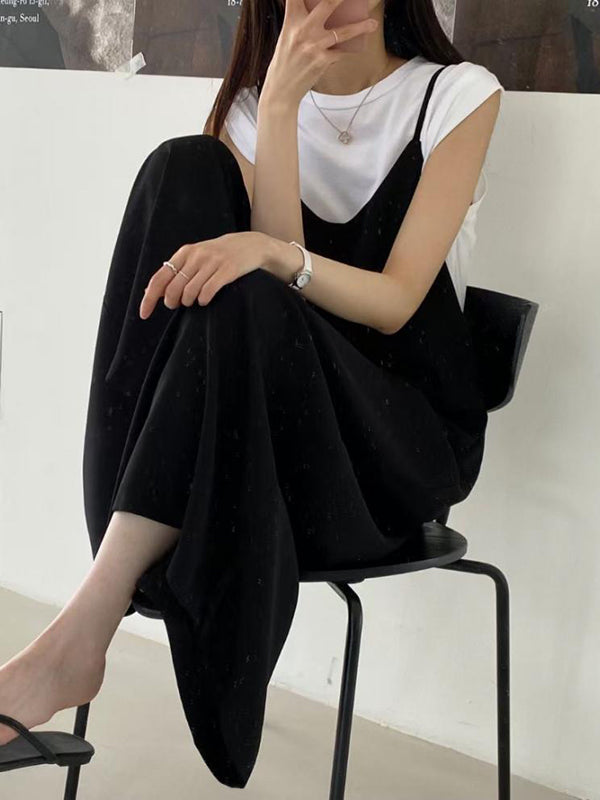 Solid Color Wide Leg Spaghetti-Neck Overalls