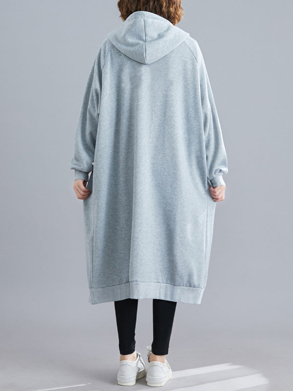Casual Loose Long Sleeves Solid Color Hooded Outerwear