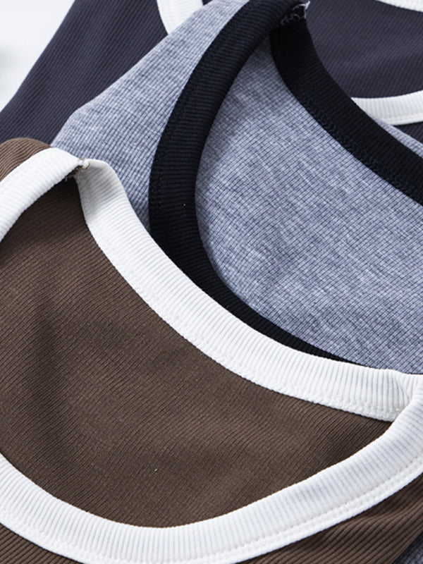 Contrast Color Short Sleeves Skinny Round-Neck T-Shirts