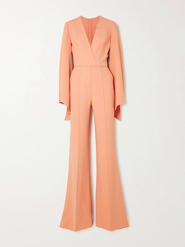 Flared Sleeves Wide Leg Pockets Solid Color Zipper V-Neck Jumpsuits