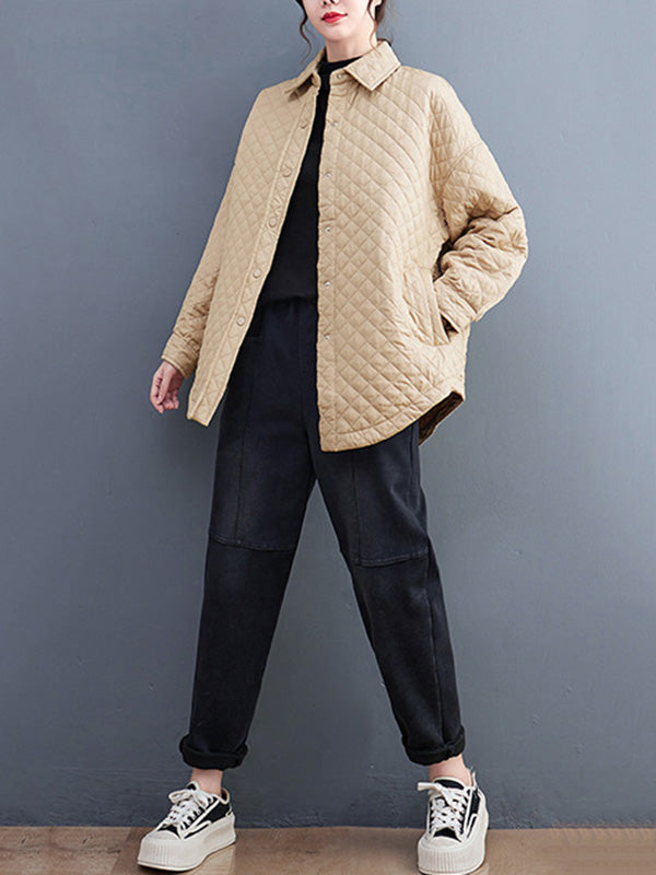 Loose Long Sleeves Buttoned Solid Color Lapel Collar Padded Outerwear