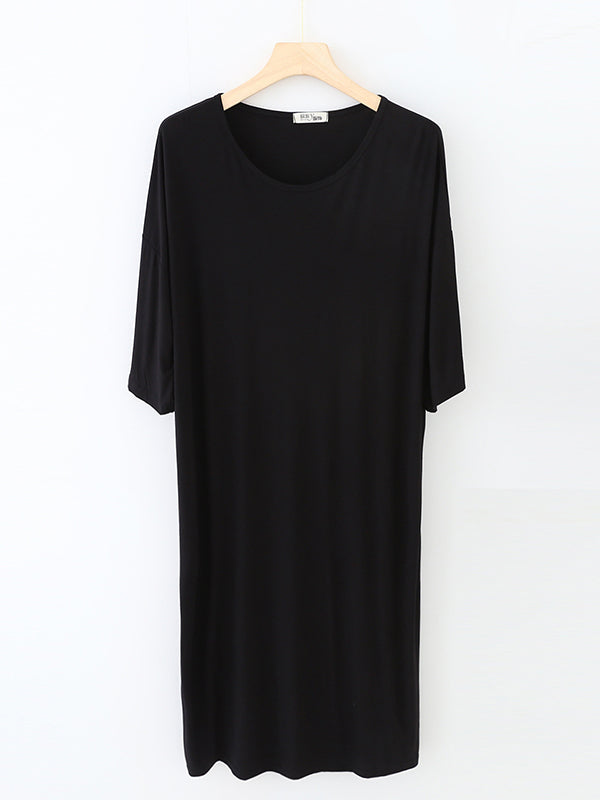 Solid Color Split-Joint High Waisted Loose Round-Neck Pajama Dress