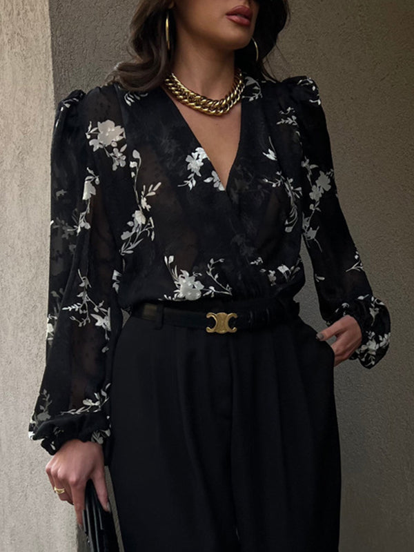 Gauze Jacquard Lace-Up Pleated See-Through Loose Puff Sleeves V-Neck Blouses&Shirts Tops