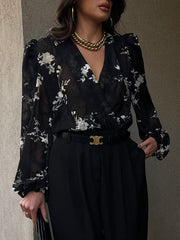 Gauze Jacquard Lace-Up Pleated See-Through Loose Puff Sleeves V-Neck Blouses&Shirts Tops