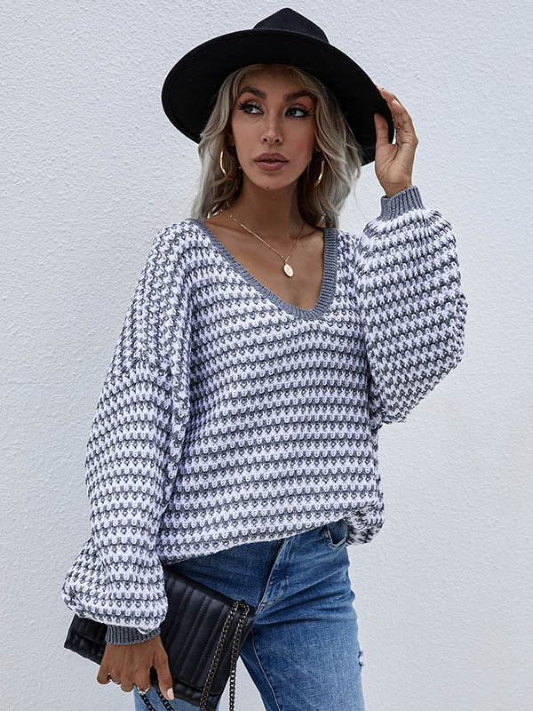 Original Loose Striped 8 Colors V-Neck Long Sleeves Sweater Top