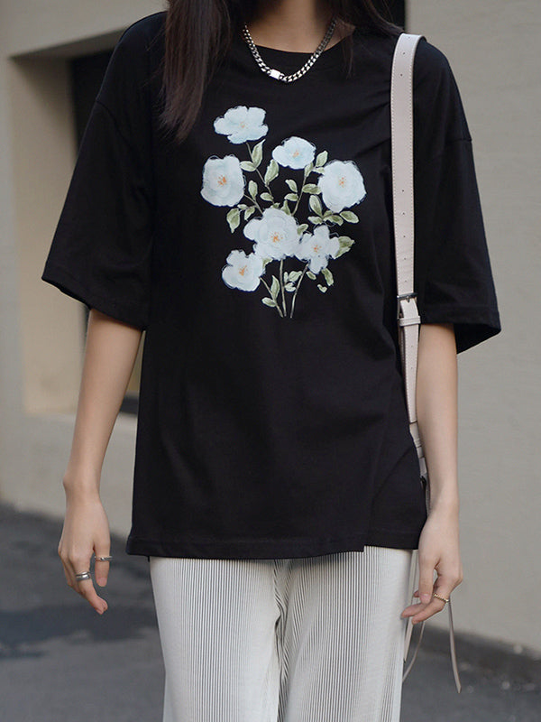Casual Loose Round-Neck Floral Printed T-Shirt