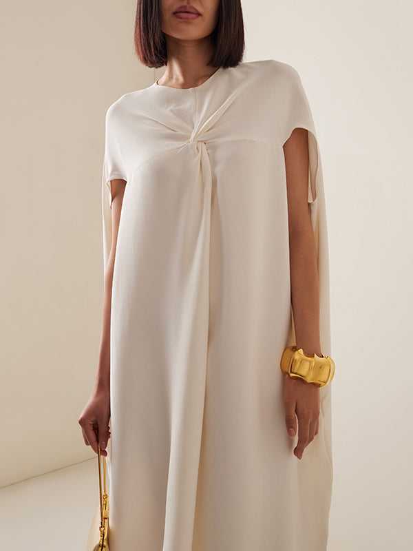 Pleated Solid Color Split-Joint Loose Raglan Sleeve Round-Neck Maxi Dresses