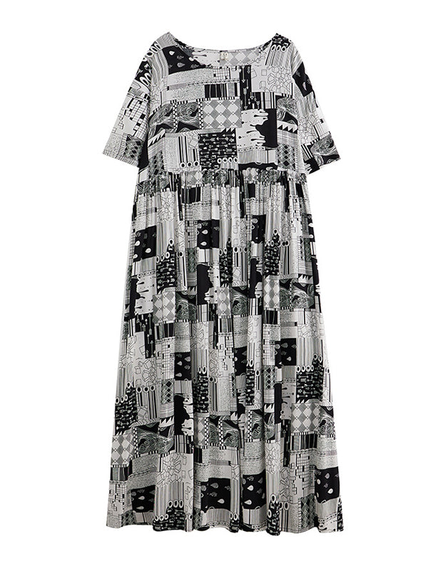 Printed A-line Loose Round-neck Midi Dresses