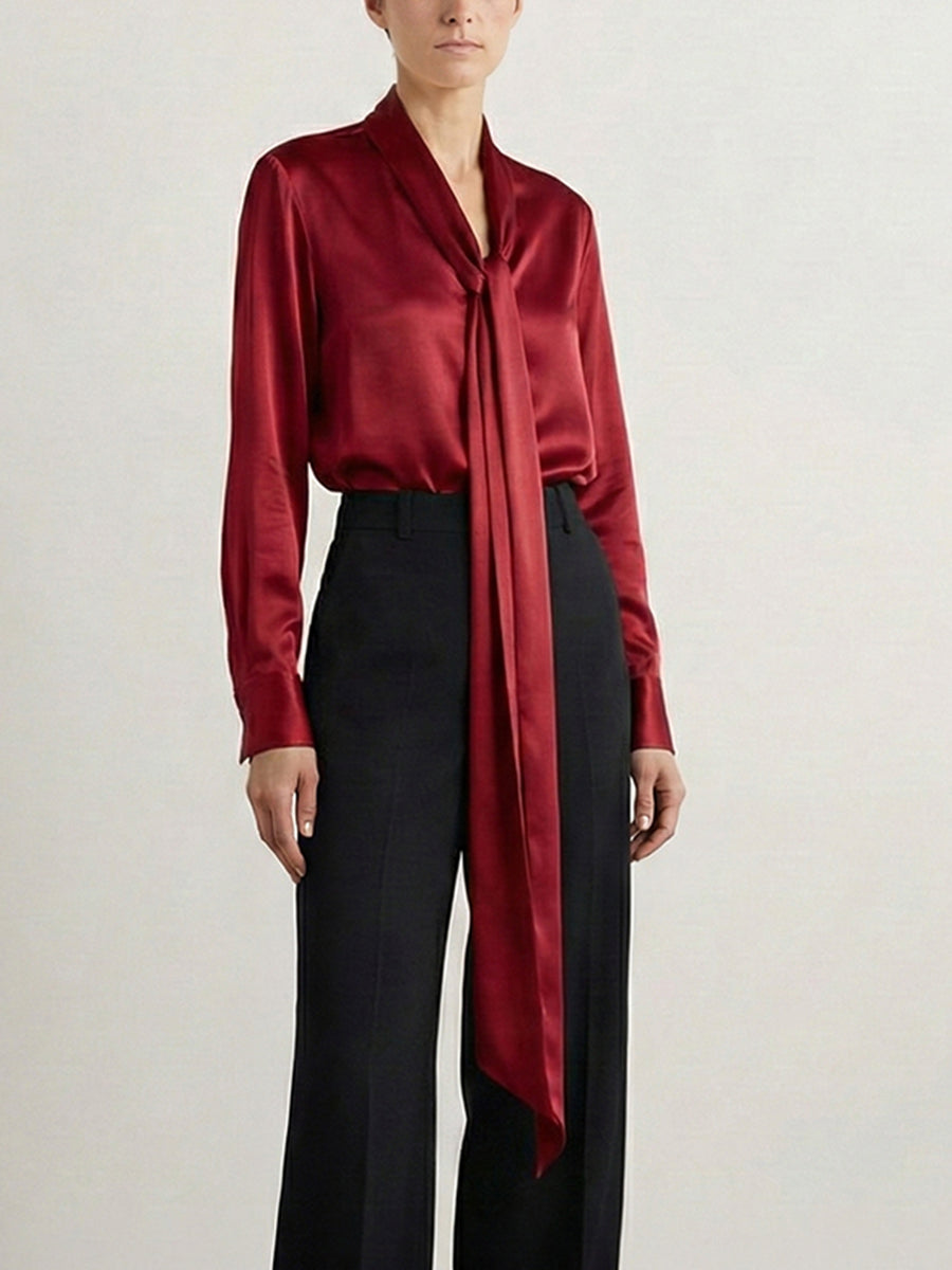 Solid Color Streamer Long Sleeves Loose V-Neck Blouses&Shirts Tops