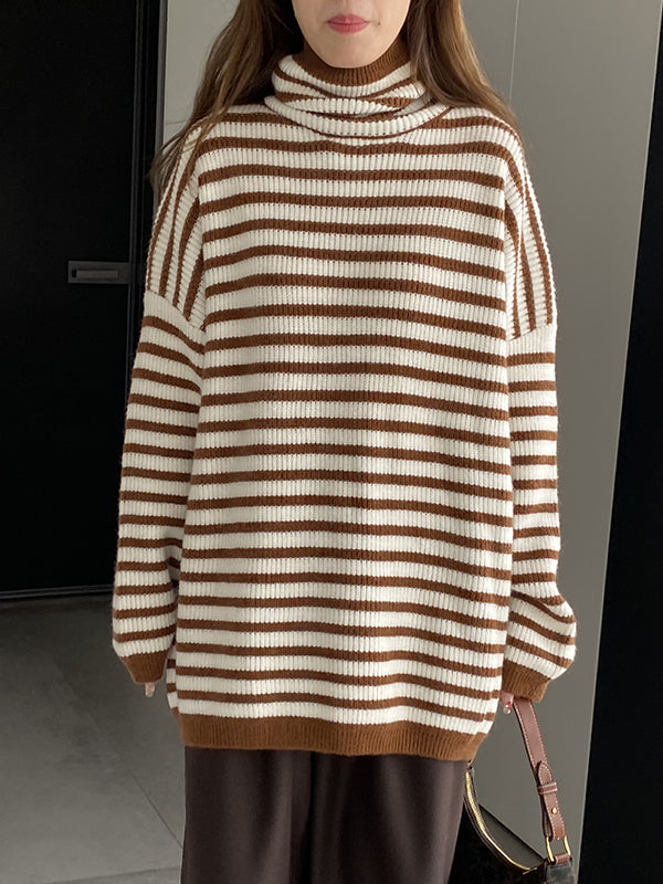 Striped Long Sleeves Loose High-Neck Sweater Pullovers Knitwear