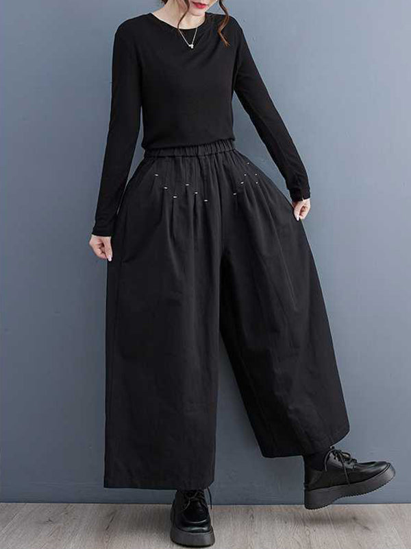 Elasticity Embroidered Pleated Loose Wide Leg Trousers Ninth Pants