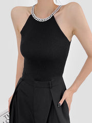 Chains Rhine Stones Split-Joint Skinny Sleeveless Halter-Neck Vest Top
