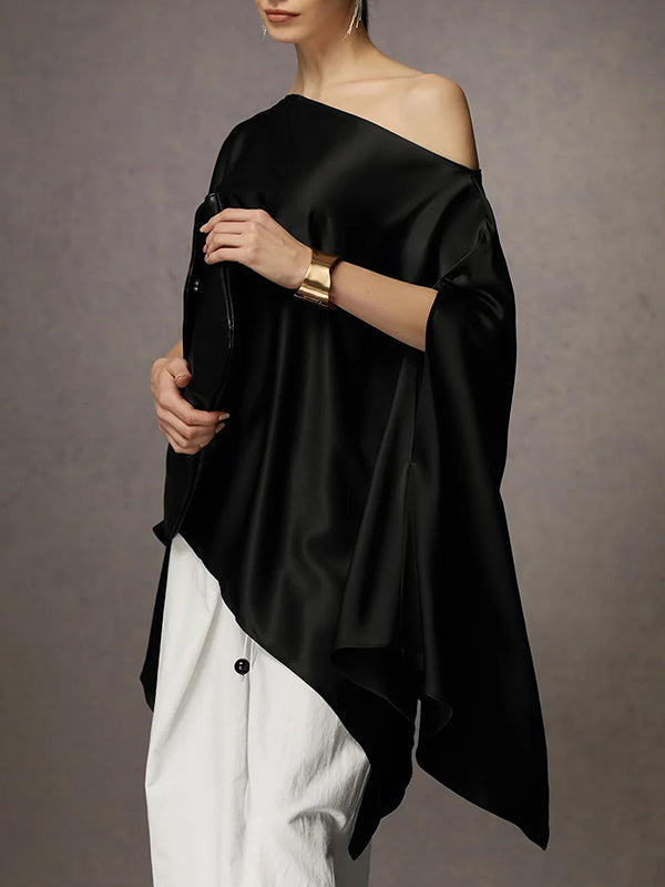 Asymmetric Solid Color Batwing Sleeves Loose One-shoulder Blouses&shirts Tops