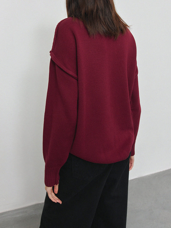 Solid Color Split-Joint Long Sleeves Loose High Neck Sweater Tops Pullovers