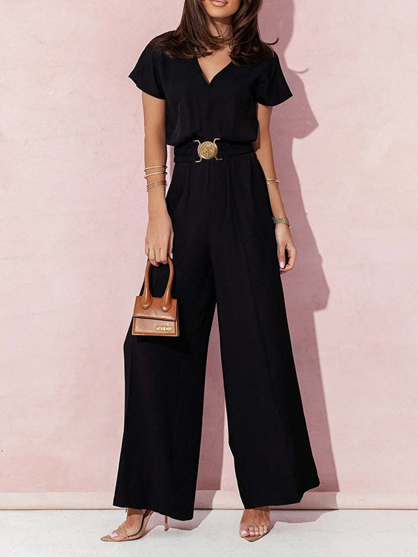 Belted Pleated High Waisted Loose V-Neck Jumpsuits