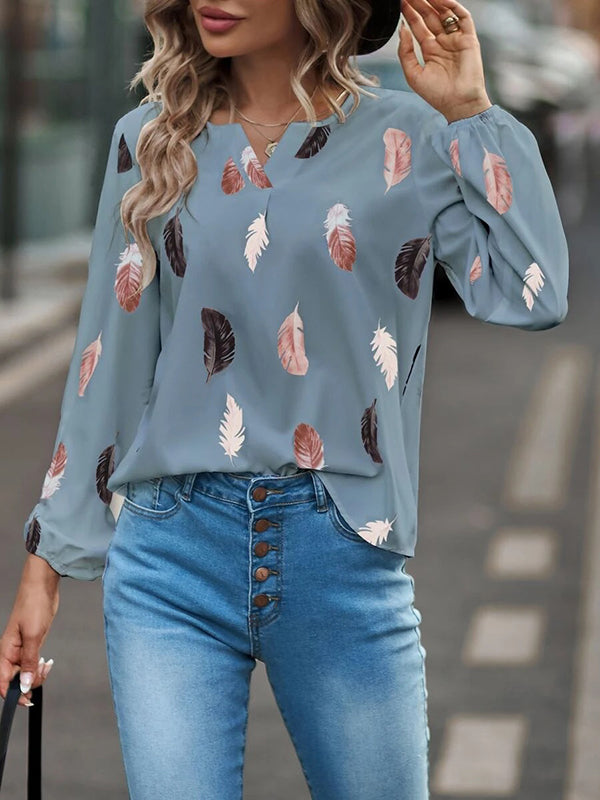 Printed Long Sleeves Loose V-Neck Blouses&Shirts Tops