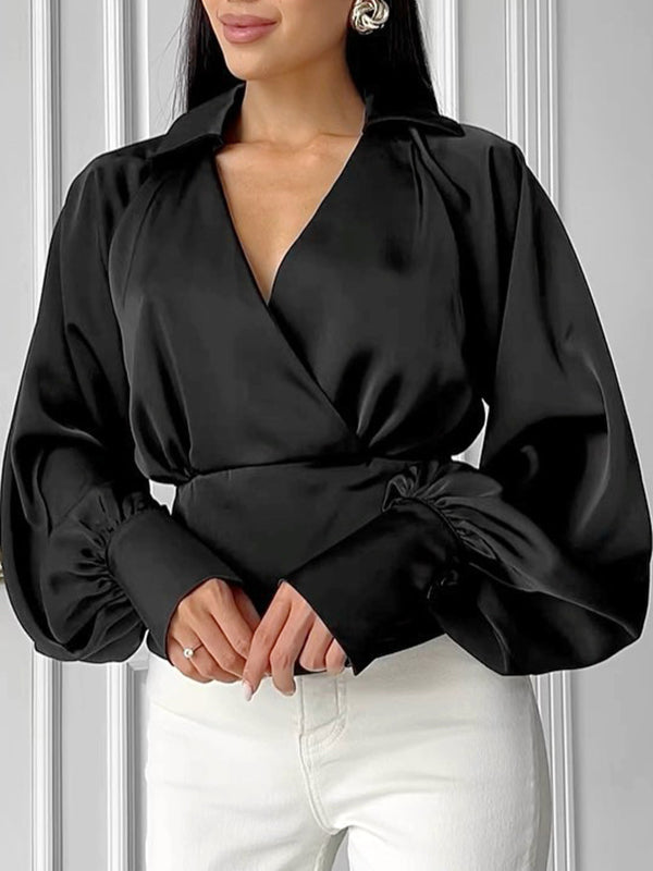 Solid Color Long Sleeves Loose Lapel Blouses&Shirts Tops