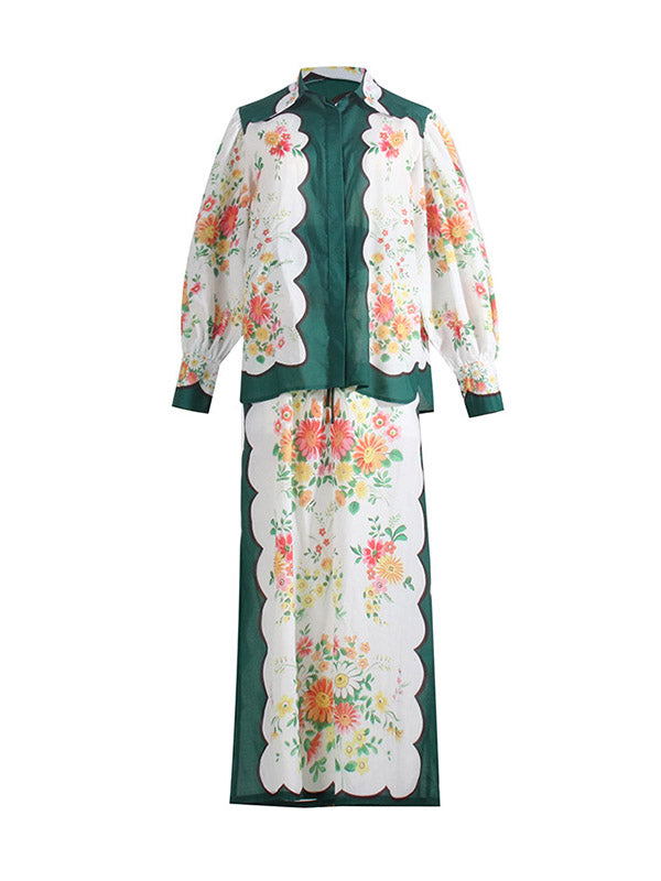 Buttoned Long Sleeves Flower Print Lapel Shirts Top + High Waisted Pants Bottom Two Pieces Set