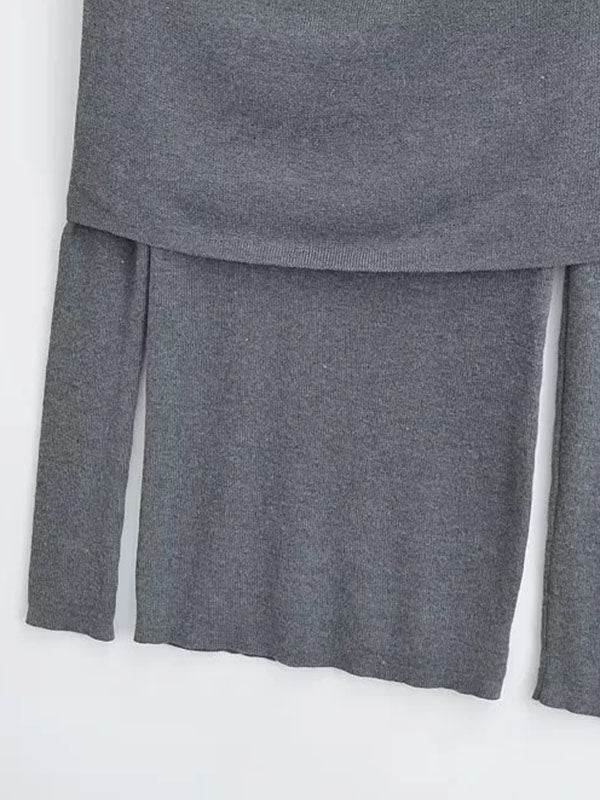 Pleated Solid Color Split-Joint Long Sleeves Skinny Off-the-shoulder Pullovers Knitwear
