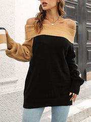 Contrast Color Hollow Split-Joint Loose Puff Sleeves Off-The-Shoulder Sweater