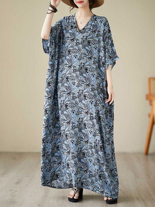 Printed Batwing Sleeves Loose V-Neck Maxi Dresses