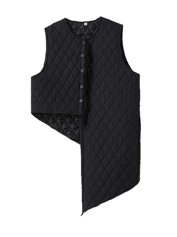 Asymmetric Buttoned Quilted Solid Color Loose Sleeveless Round-Neck Padded Vest