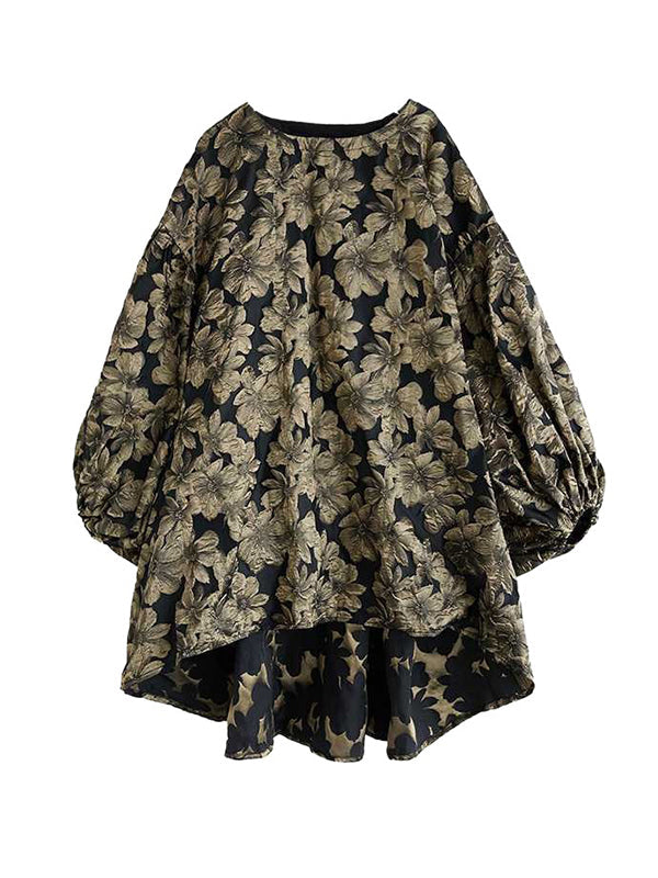 Elasticity Flower Print Jacquard A-Line High-Low Round-Neck Midi Dresses