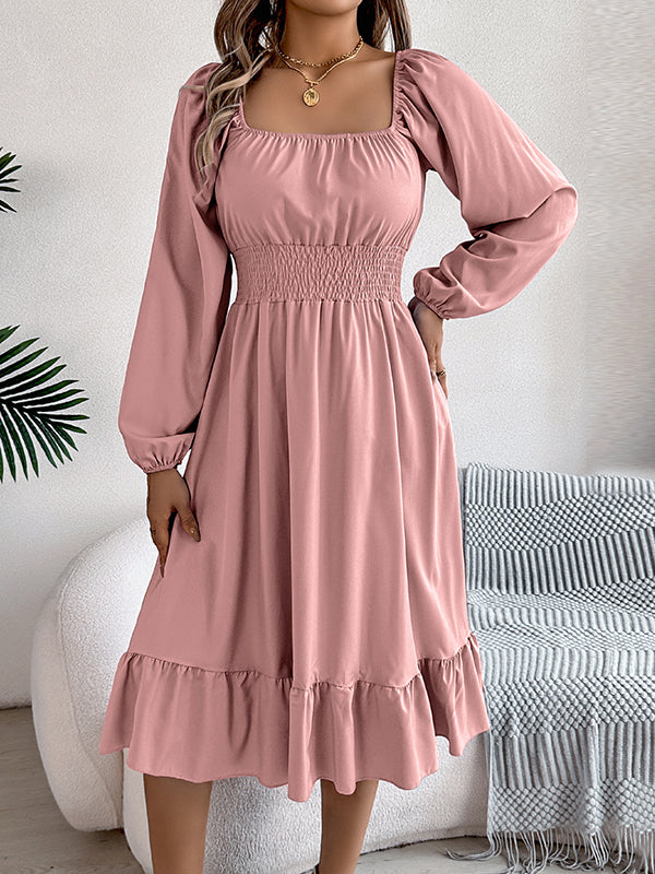 Pleated Ruffled Solid Color A-Line Elasticated Waist Square-Neck Midi Dresses