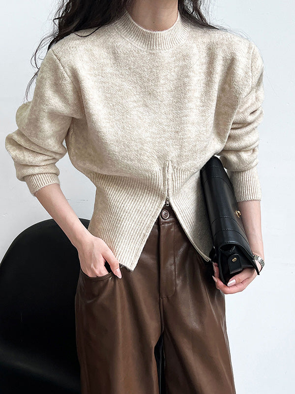 Solid Color Zipper Long Sleeves Loose Mock Neck Sweater Tops Pullovers