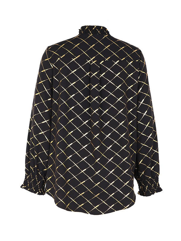 Bronzing Contrast Color High-Low Wrap High-Neck Blouses&Shirts Tops