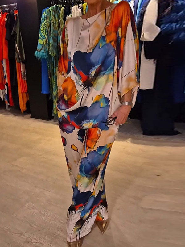 Printed Split-Joint Batwing Sleeves Loose Round-neck Blouses&shirts Tops