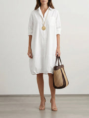 Long Sleeves Loose Solid Color Lapel Collar Midi Dresses Shirt Dress