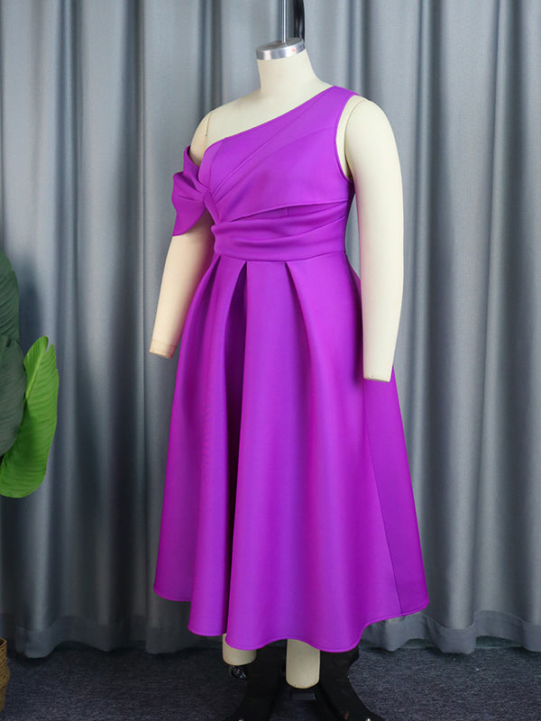Hollow Pleated Solid Color Zipper Wrap One-Shoulder Midi Dresses