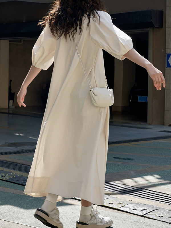 Solid Color Loose Puff Sleeves Round-Neck Midi Dresses