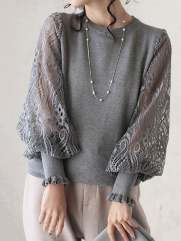 Original Loose Hollow Lace Round-Neck Long Puff Sleeves Sweater Pullovers