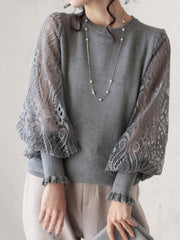 Original Loose Hollow Lace Round-Neck Long Puff Sleeves Sweater Pullovers