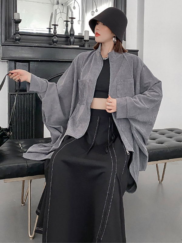 Casual Batwing Sleeves Loose Drawstring Zipper Stand Collar Jackets&Coats
