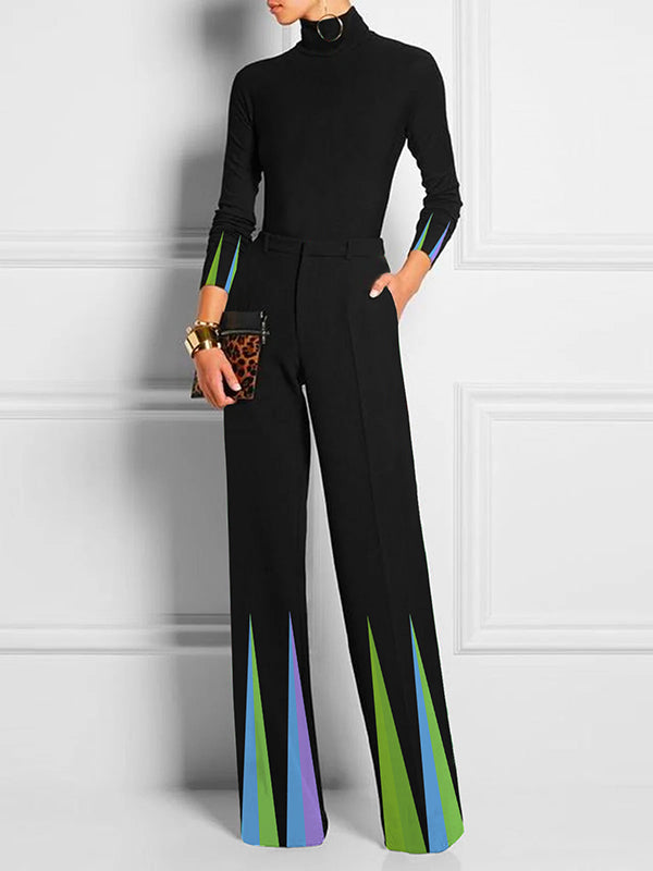 Printed Split-Joint Long Sleeves Skinny High Neck T-Shirts Tops