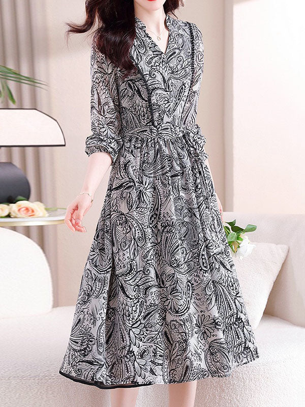 Elasticity Flower Print Tied Waist Long Sleeves Loose V-neck Midi Dresses